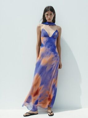 ZARA Blue & Orange Foulard Print Slip Maxi Dress w attached Scarf M NWT